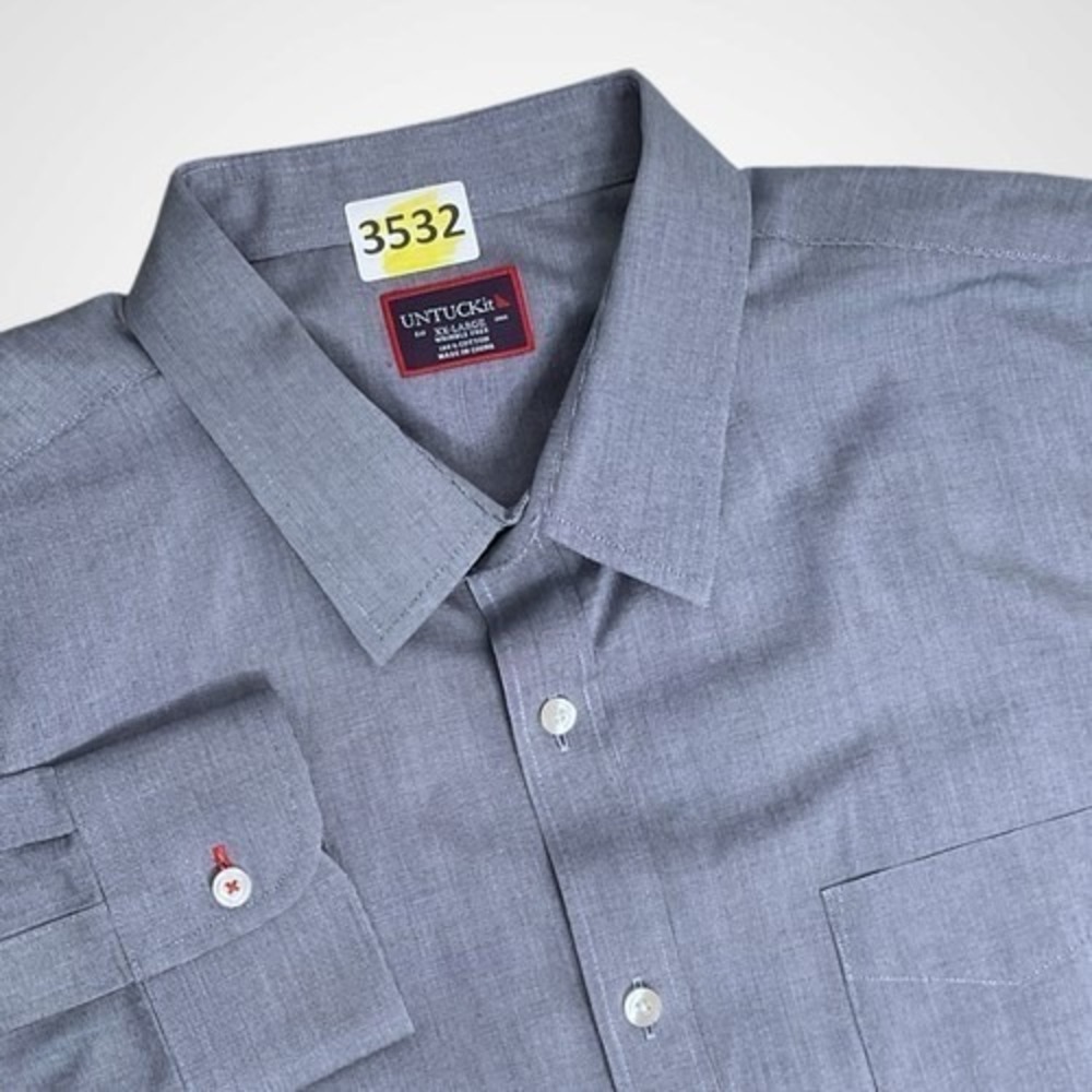 Untuckit Gray/Blue Wrinkle Free Button Up Long Sleeve Shirt Men 2XL China Cotton